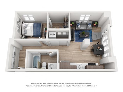 Floor plan for 1 bed, 1 bath, 744 sqft